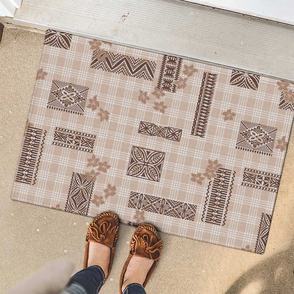 Hawaiian Quilt Tapa On Beige Palaka Motifs Rubber Doormat