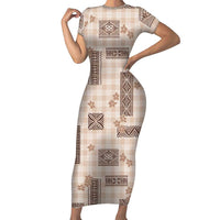Hawaiian Quilt Tapa On Beige Palaka Motifs Short Sleeve Bodycon Dress LT7 Long Dress Beige - Polynesian Pride