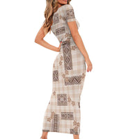 Hawaiian Quilt Tapa On Beige Palaka Motifs Short Sleeve Bodycon Dress LT7 - Polynesian Pride