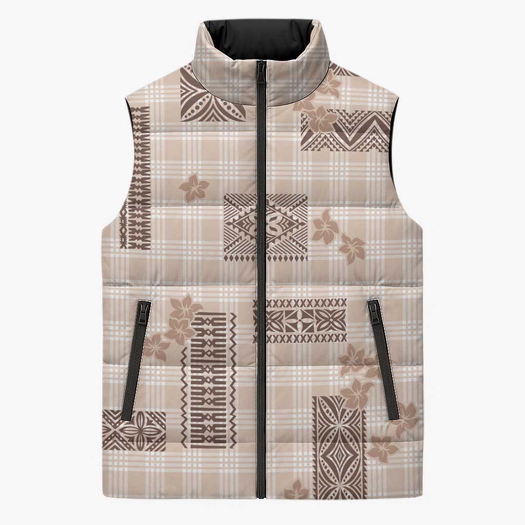 Hawaiian Quilt Tapa On Beige Palaka Motifs Sleeveless Puffer Jacket