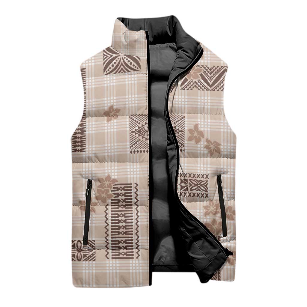 Hawaiian Quilt Tapa On Beige Palaka Motifs Sleeveless Puffer Jacket LT7 - Polynesian Pride