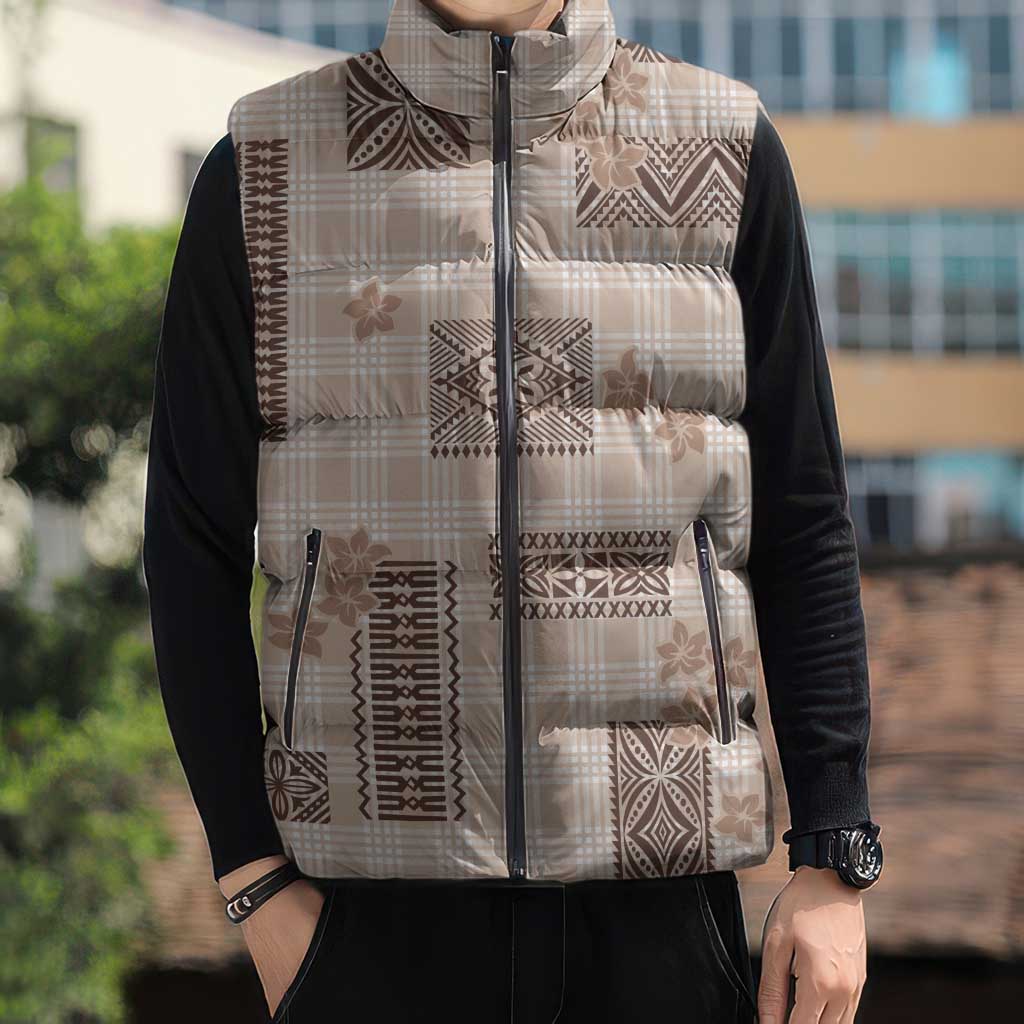 Hawaiian Quilt Tapa On Beige Palaka Motifs Sleeveless Puffer Jacket LT7 - Polynesian Pride