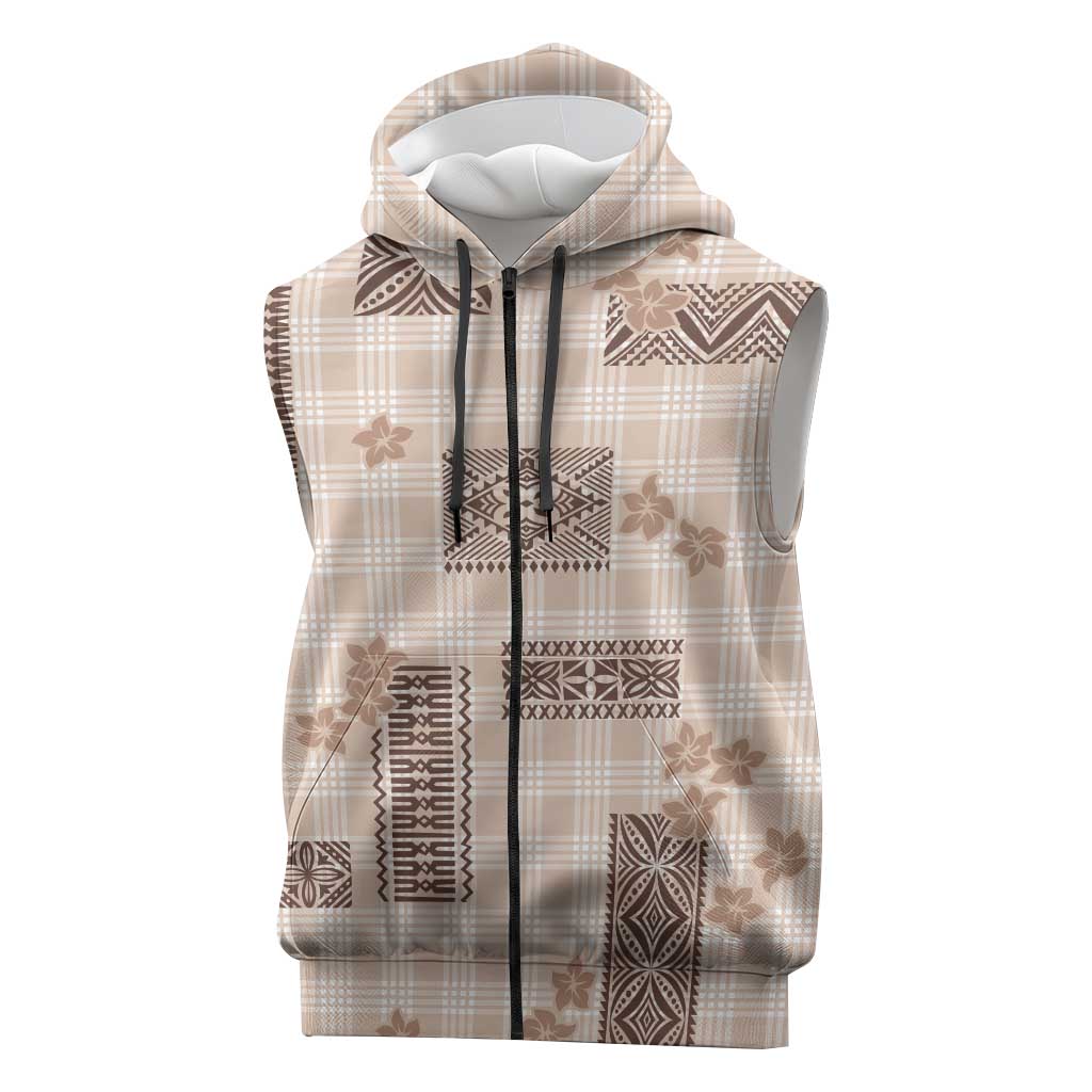 Hawaiian Quilt Tapa On Beige Palaka Motifs Sleeveless Zip Hoodie