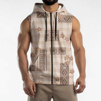 Hawaiian Quilt Tapa On Beige Palaka Motifs Sleeveless Zip Hoodie