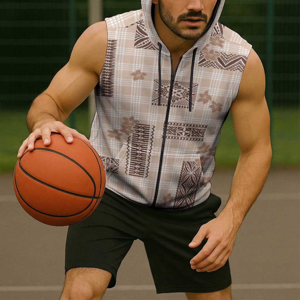 Hawaiian Quilt Tapa On Beige Palaka Motifs Sleeveless Zip Hoodie