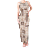 Hawaiian Quilt Tapa On Beige Palaka Motifs Tank Maxi Dress
