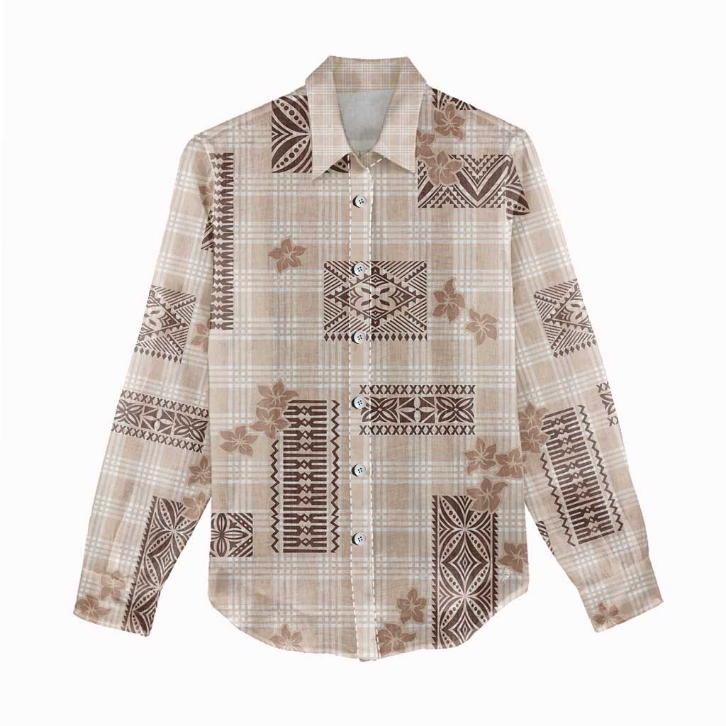 Hawaiian Quilt Tapa On Beige Palaka Motifs Women Casual Shirt