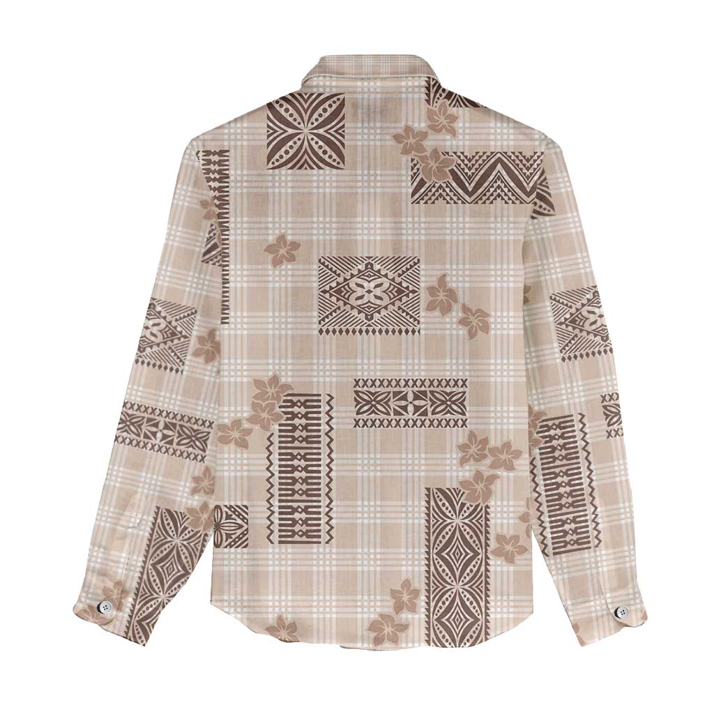 Hawaiian Quilt Tapa On Beige Palaka Motifs Women Casual Shirt