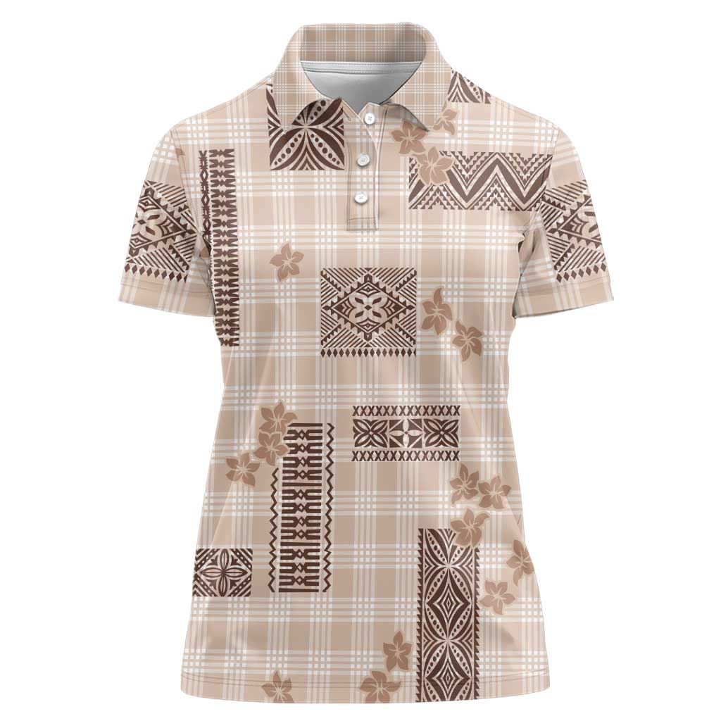 Hawaiian Quilt Tapa On Beige Palaka Motifs Women Polo Shirt LT7 Female Beige - Polynesian Pride