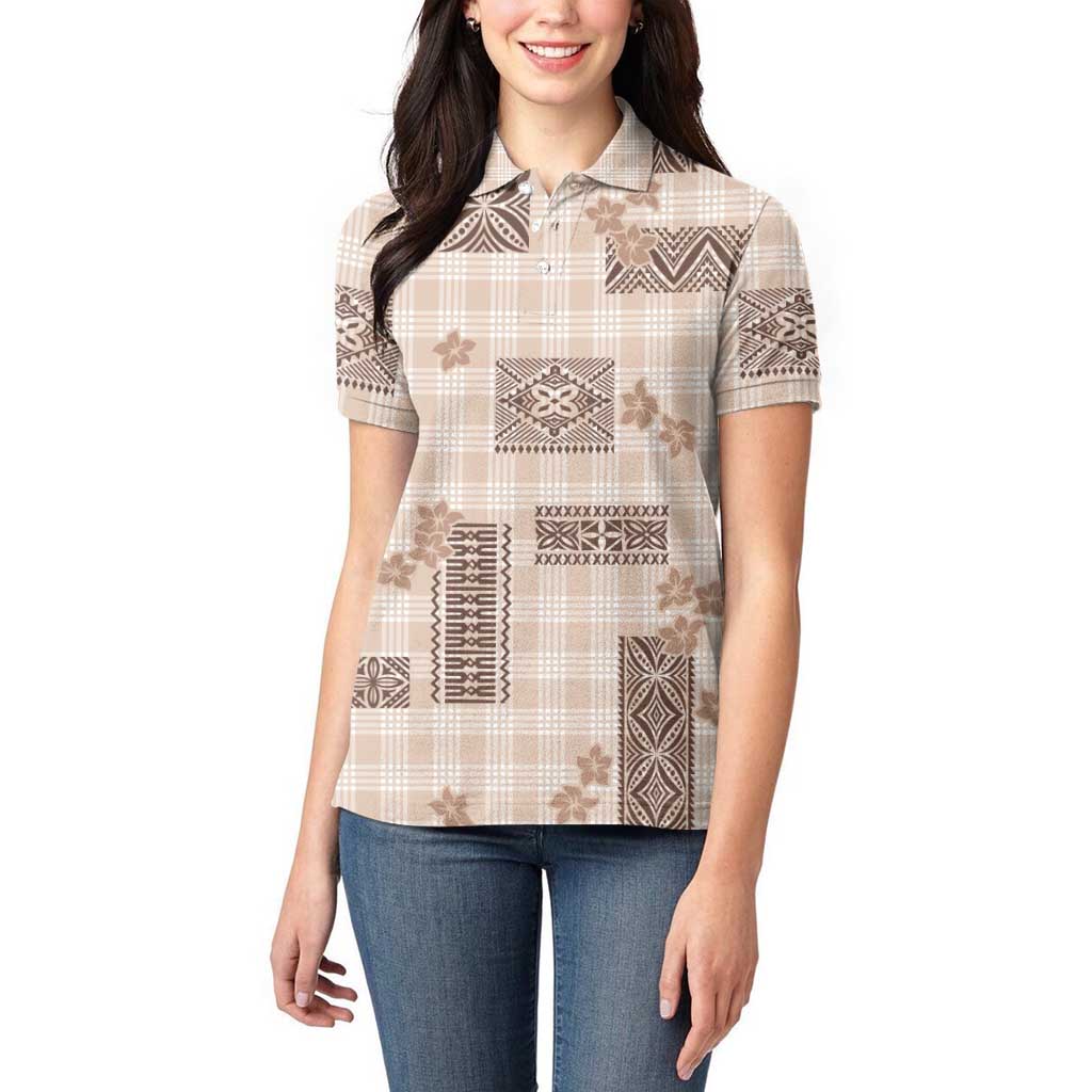 Hawaiian Quilt Tapa On Beige Palaka Motifs Women Polo Shirt LT7 - Polynesian Pride