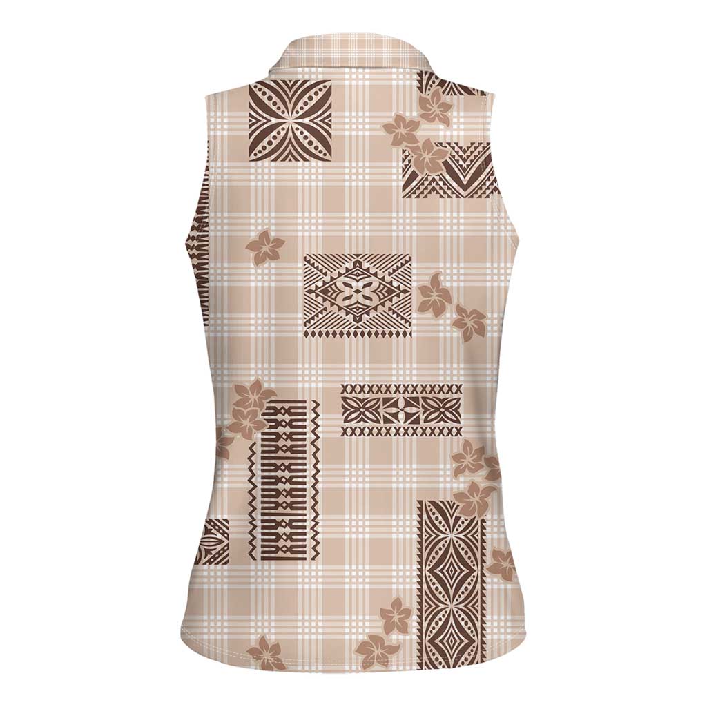 Hawaiian Quilt Tapa On Beige Palaka Motifs Women Sleeveless Polo Shirt