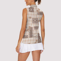 Hawaiian Quilt Tapa On Beige Palaka Motifs Women Sleeveless Polo Shirt