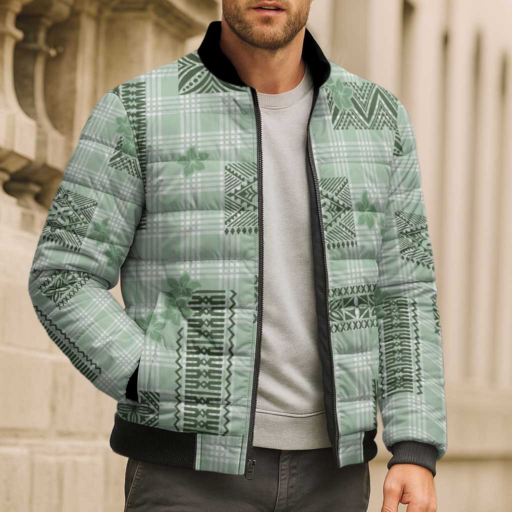 Hawaiian Quilt Tapa On Pastel Mint Palaka Motifs Bomber Puffer Jacket