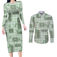 Hawaiian Quilt Tapa On Pastel Mint Palaka Motifs Couples Matching Long Sleeve Bodycon Dress and Long Sleeve Button Shirt