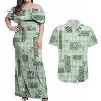 Hawaiian Quilt Tapa On Pastel Mint Palaka Motifs Couples Matching Off Shoulder Maxi Dress and Hawaiian Shirt