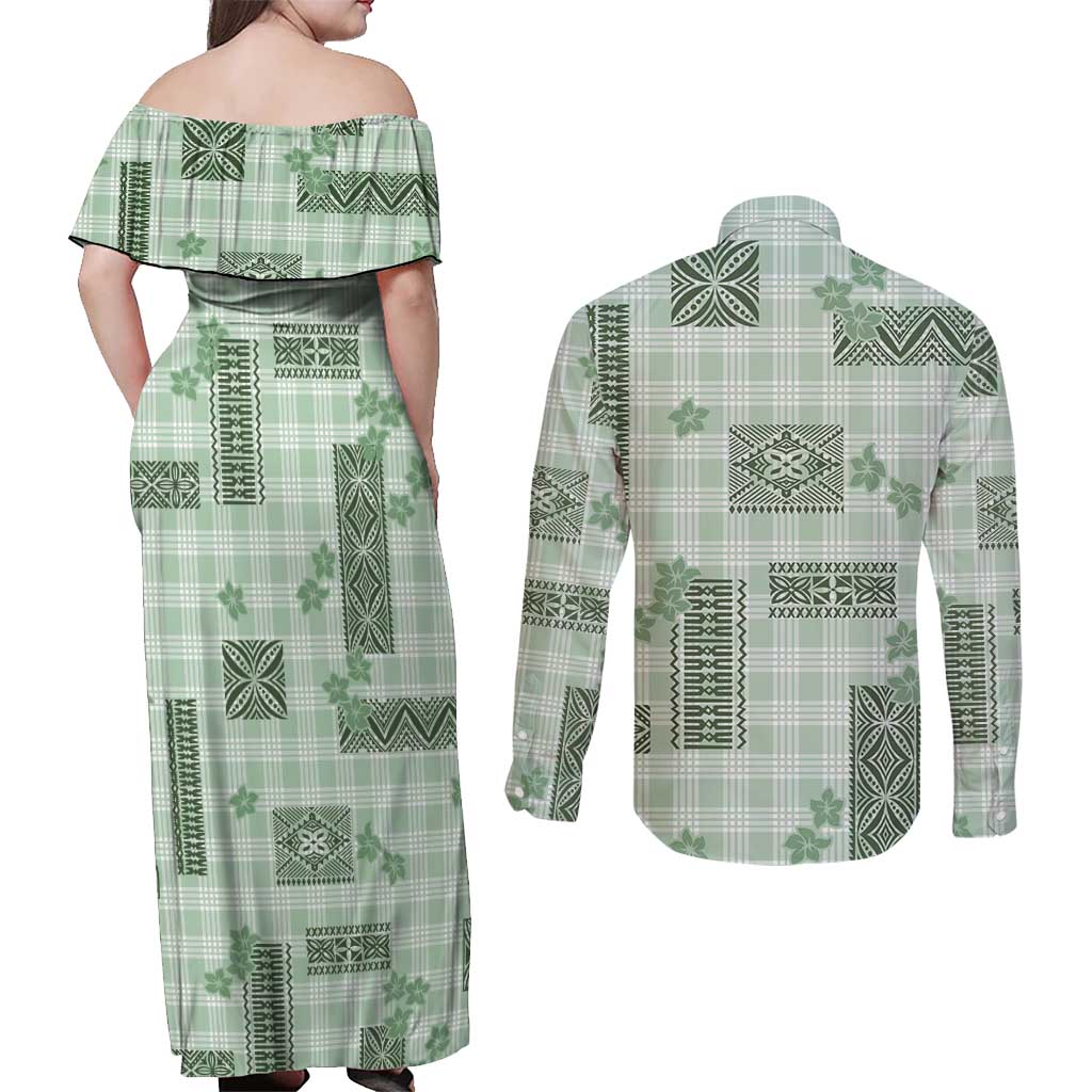 Hawaiian Quilt Tapa On Pastel Mint Palaka Motifs Couples Matching Off Shoulder Maxi Dress and Long Sleeve Button Shirt