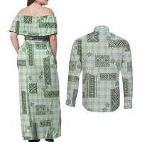 Hawaiian Quilt Tapa On Pastel Mint Palaka Motifs Couples Matching Off Shoulder Maxi Dress and Long Sleeve Button Shirt