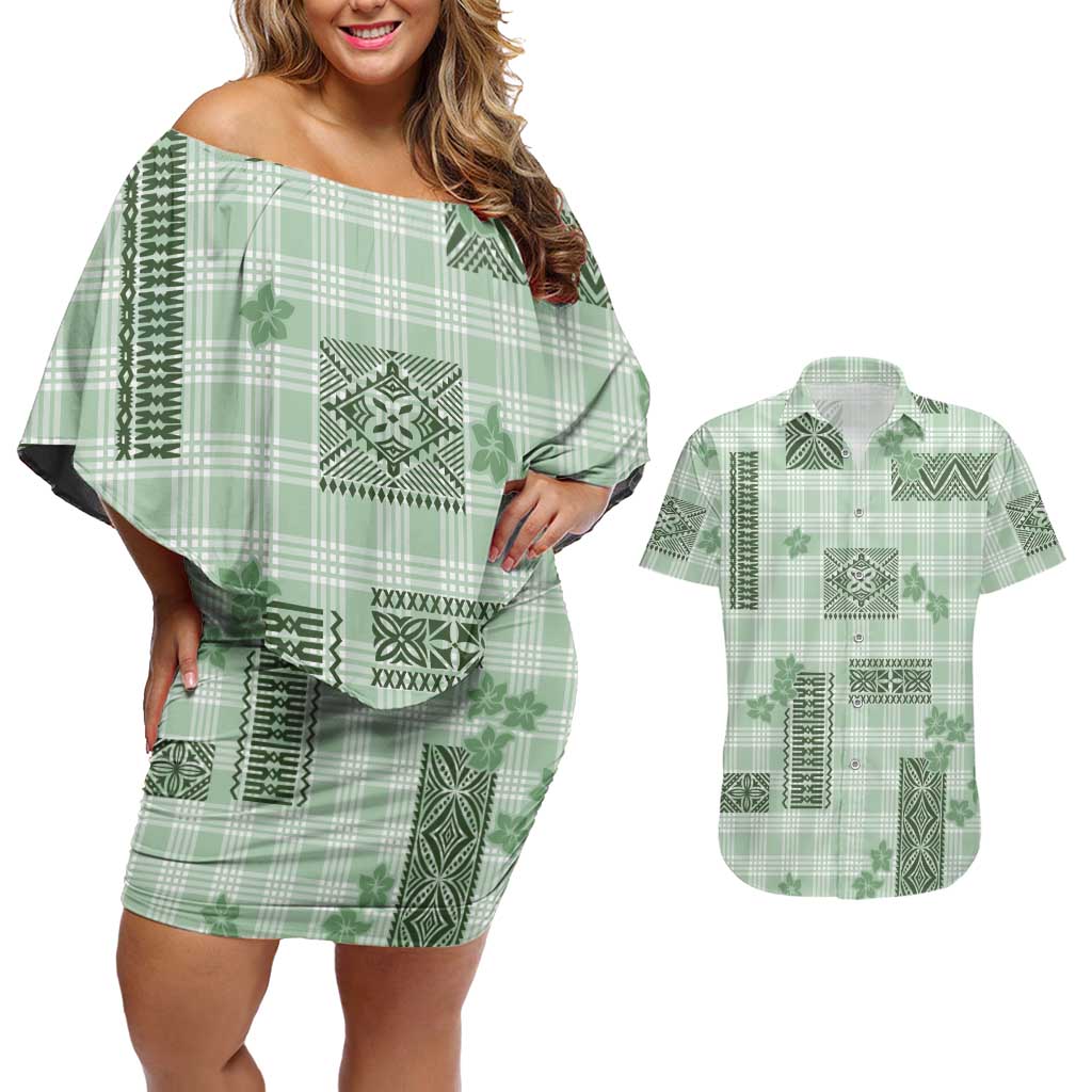 Hawaiian Quilt Tapa On Pastel Mint Palaka Motifs Couples Matching Off Shoulder Short Dress and Hawaiian Shirt
