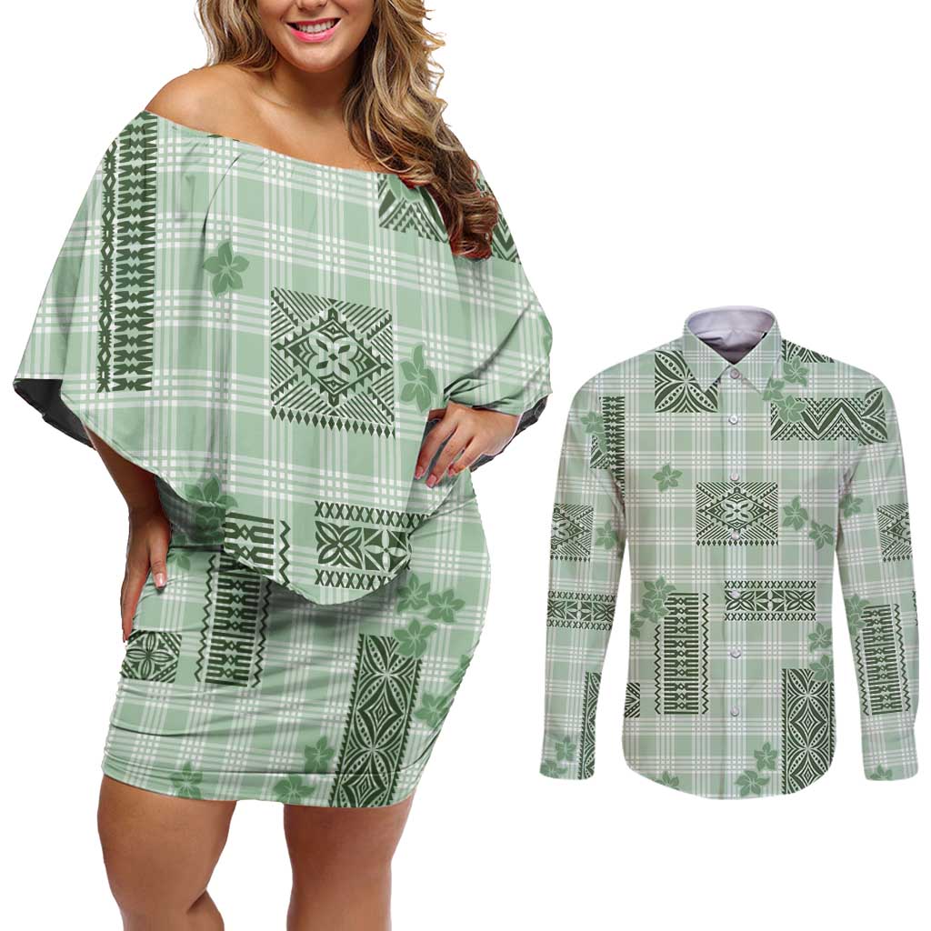 Hawaiian Quilt Tapa On Pastel Mint Palaka Motifs Couples Matching Off Shoulder Short Dress and Long Sleeve Button Shirt