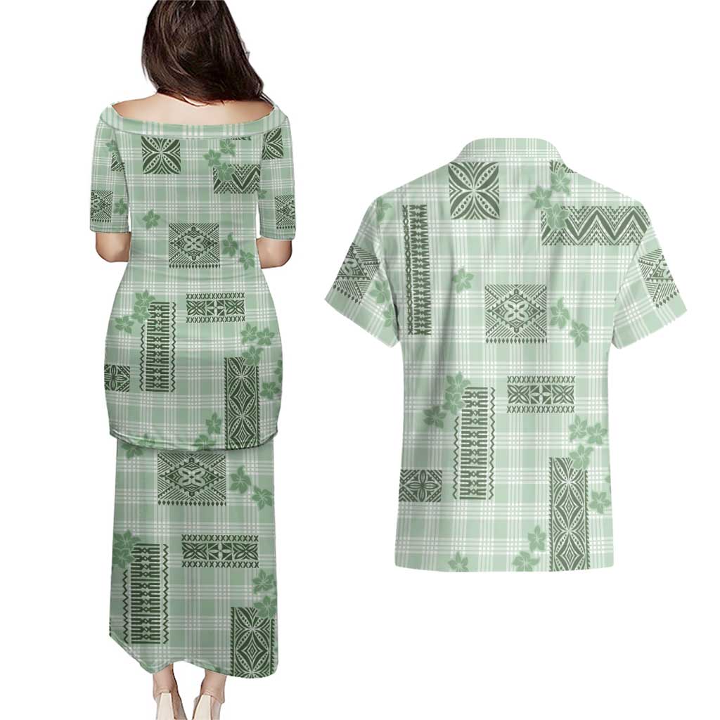 Hawaiian Quilt Tapa On Pastel Mint Palaka Motifs Couples Matching Puletasi and Hawaiian Shirt