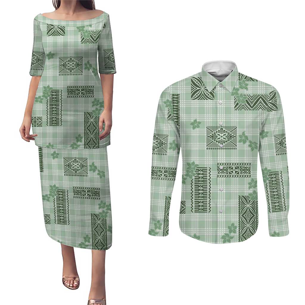 Hawaiian Quilt Tapa On Pastel Mint Palaka Motifs Couples Matching Puletasi and Long Sleeve Button Shirt
