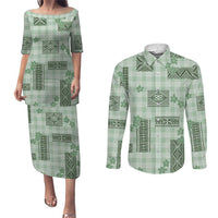 Hawaiian Quilt Tapa On Pastel Mint Palaka Motifs Couples Matching Puletasi and Long Sleeve Button Shirt