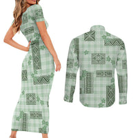 Hawaiian Quilt Tapa On Pastel Mint Palaka Motifs Couples Matching Short Sleeve Bodycon Dress and Long Sleeve Button Shirt