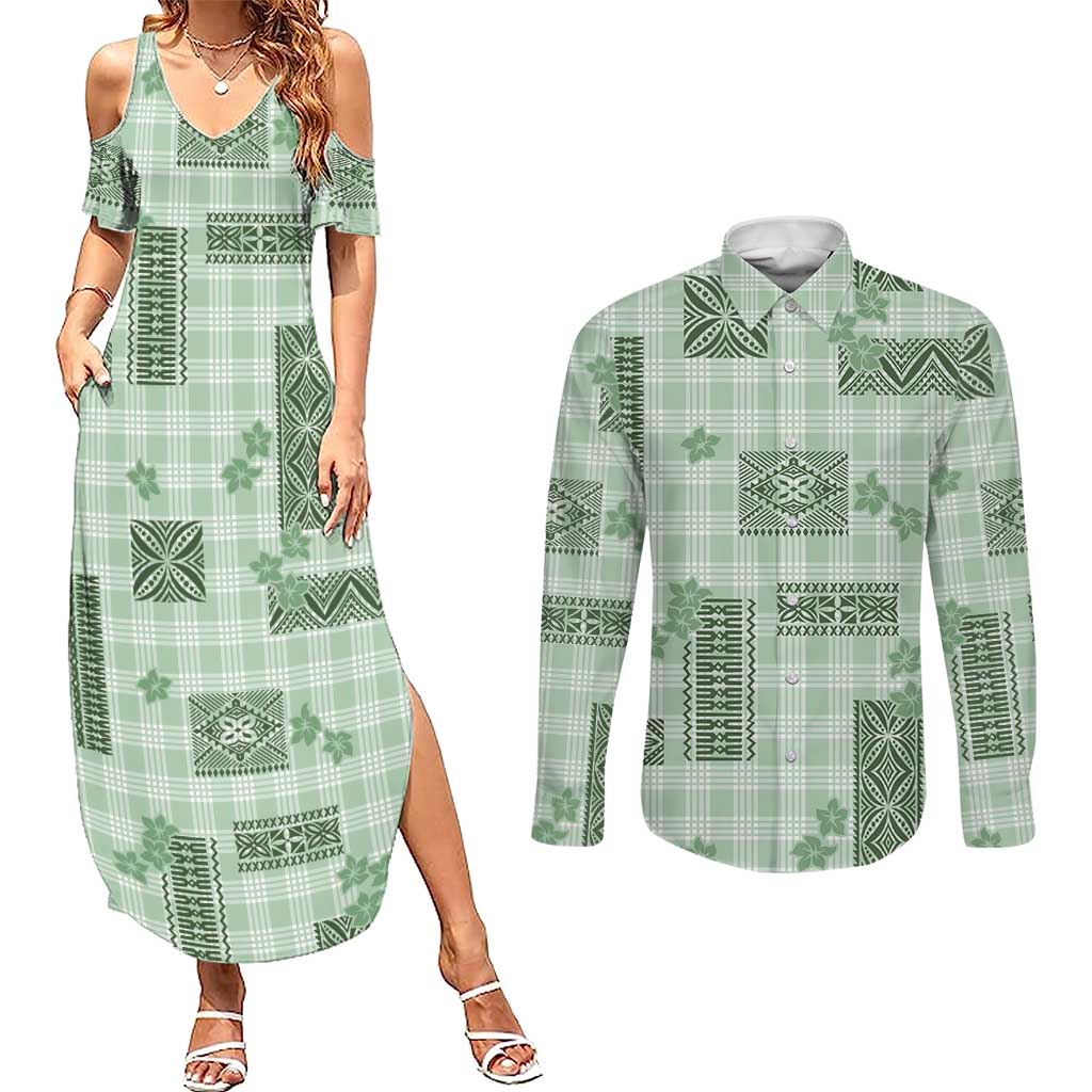 Hawaiian Quilt Tapa On Pastel Mint Palaka Motifs Couples Matching Summer Maxi Dress and Long Sleeve Button Shirt