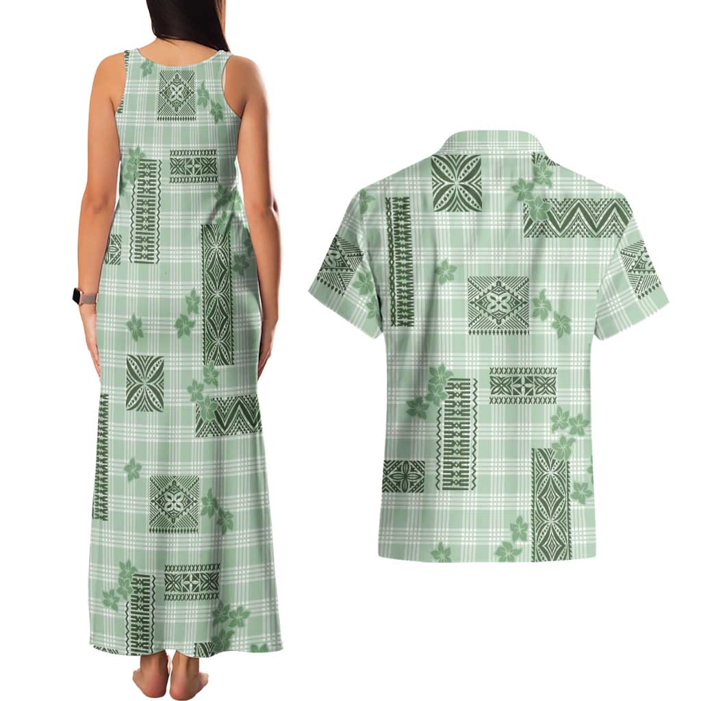 Hawaiian Quilt Tapa On Pastel Mint Palaka Motifs Couples Matching Tank Maxi Dress and Hawaiian Shirt