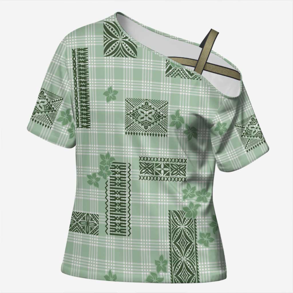 Hawaiian Quilt Tapa On Pastel Mint Palaka Motifs Cross Shoulder Shirt