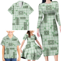 Hawaiian Quilt Tapa On Pastel Mint Palaka Motifs Family Matching Long Sleeve Bodycon Dress and Hawaiian Shirt