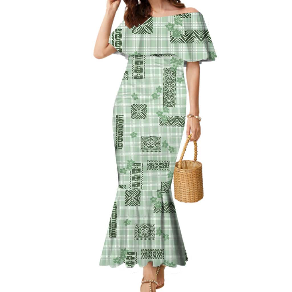 Hawaiian Quilt Tapa On Pastel Mint Palaka Motifs Family Matching Mermaid Dress and Hawaiian Shirt