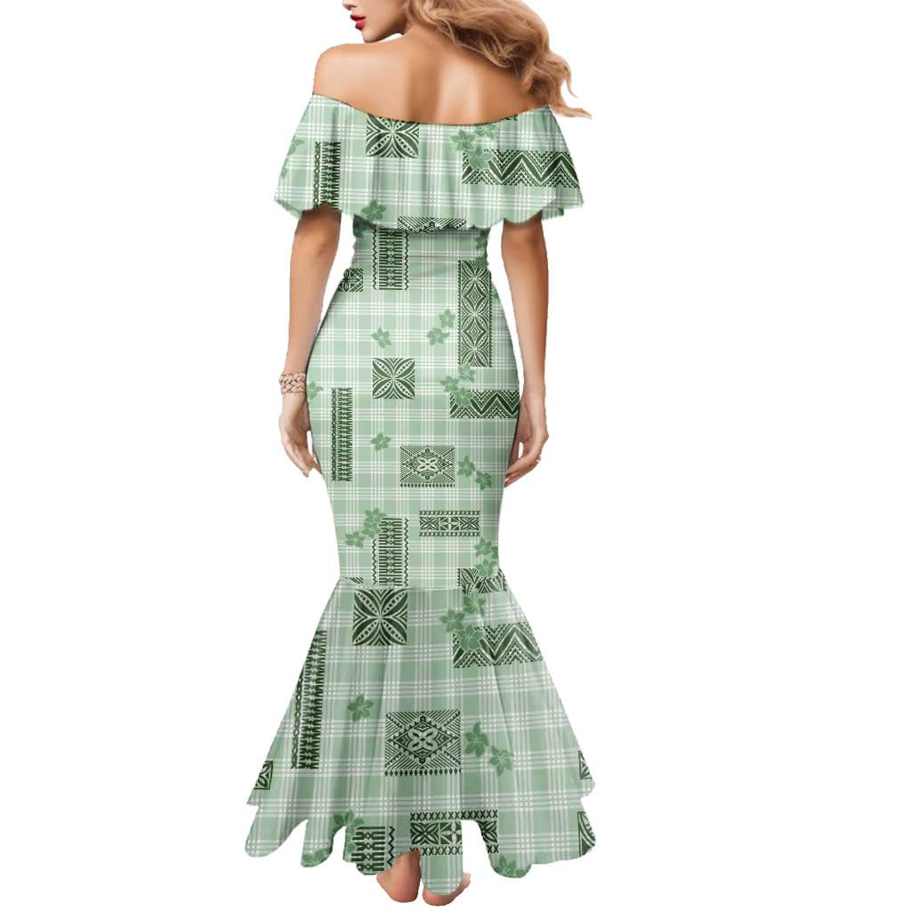 Hawaiian Quilt Tapa On Pastel Mint Palaka Motifs Family Matching Mermaid Dress and Hawaiian Shirt