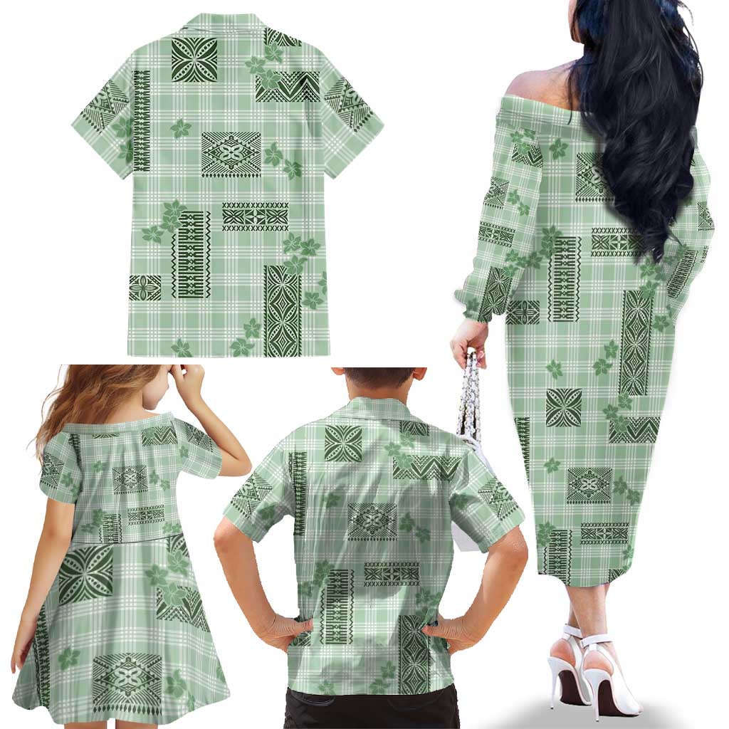 Hawaiian Quilt Tapa On Pastel Mint Palaka Motifs Family Matching Off The Shoulder Long Sleeve Dress and Hawaiian Shirt