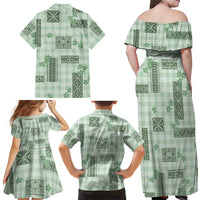 Hawaiian Quilt Tapa On Pastel Mint Palaka Motifs Family Matching Off Shoulder Maxi Dress and Hawaiian Shirt