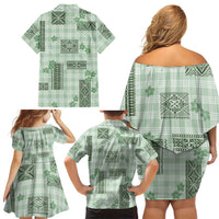 Hawaiian Quilt Tapa On Pastel Mint Palaka Motifs Family Matching Off Shoulder Short Dress and Hawaiian Shirt