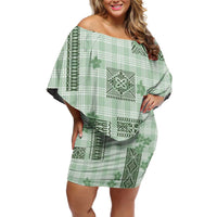 Hawaiian Quilt Tapa On Pastel Mint Palaka Motifs Family Matching Off Shoulder Short Dress and Hawaiian Shirt