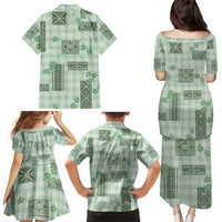 Hawaiian Quilt Tapa On Pastel Mint Palaka Motifs Family Matching Puletasi and Hawaiian Shirt