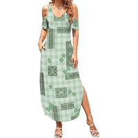 Hawaiian Quilt Tapa On Pastel Mint Palaka Motifs Family Matching Summer Maxi Dress and Hawaiian Shirt