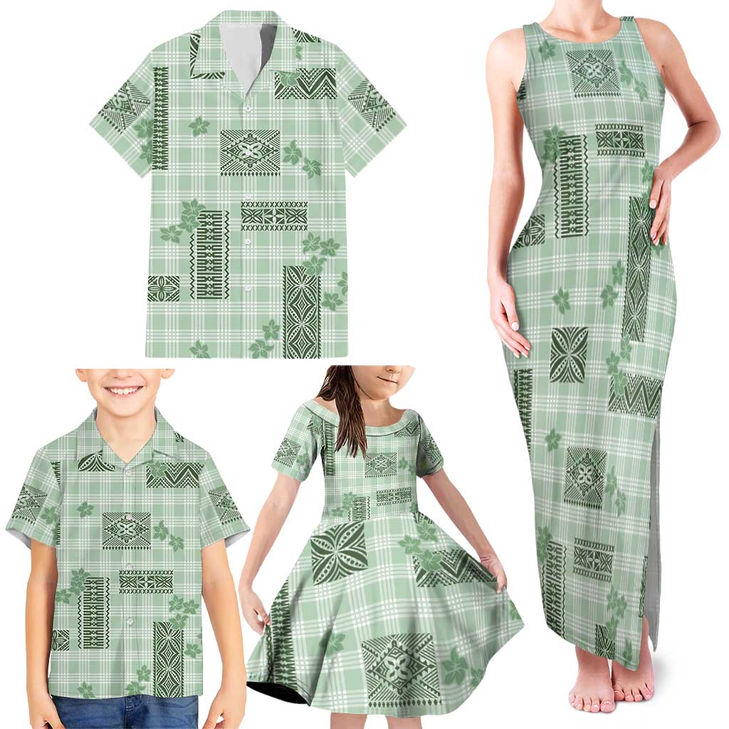 Hawaiian Quilt Tapa On Pastel Mint Palaka Motifs Family Matching Tank Maxi Dress and Hawaiian Shirt