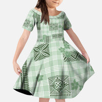 Hawaiian Quilt Tapa On Pastel Mint Palaka Motifs Kid Short Sleeve Dress