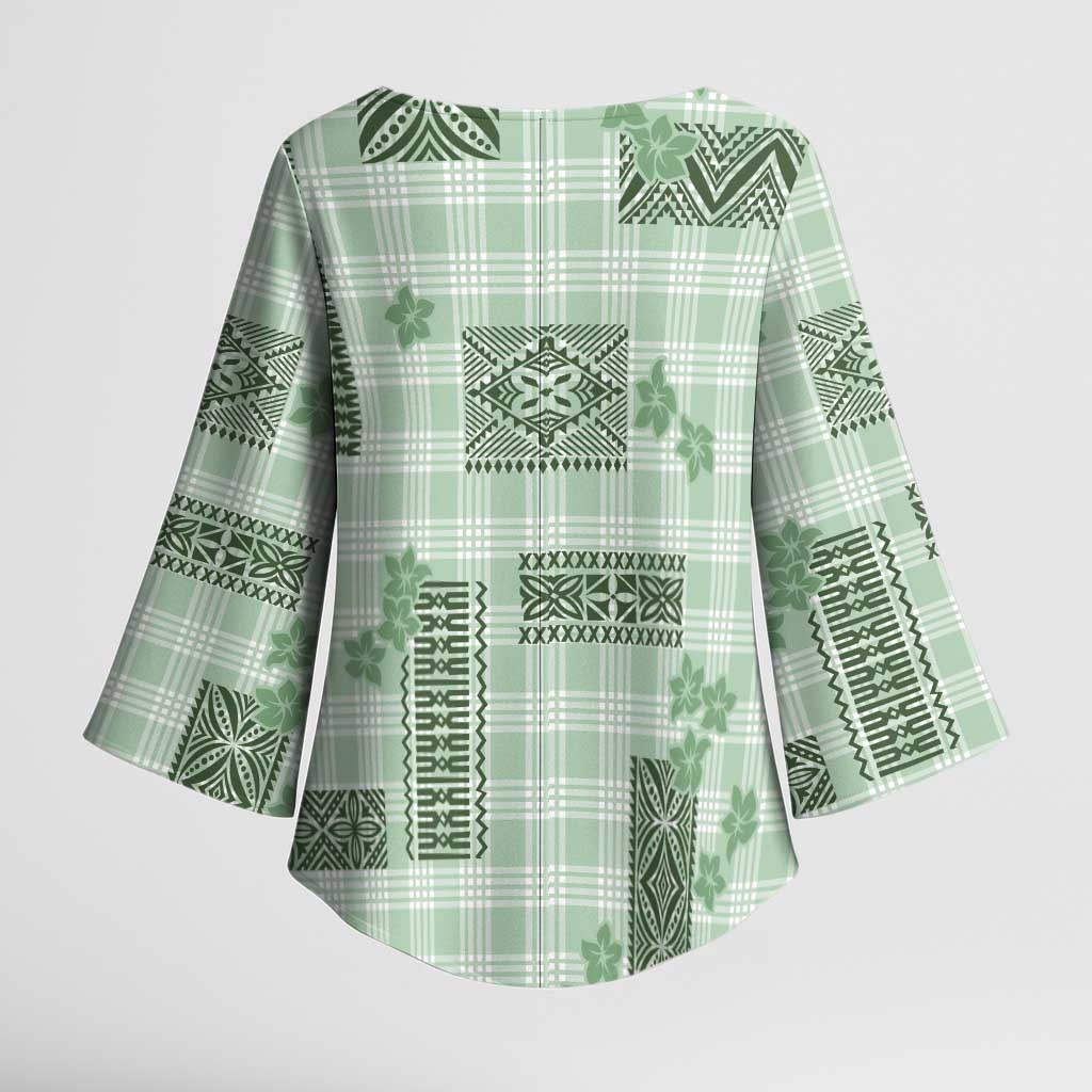 Hawaiian Quilt Tapa On Pastel Mint Palaka Motifs Kimono Sleeve Blouse