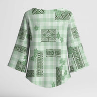 Hawaiian Quilt Tapa On Pastel Mint Palaka Motifs Kimono Sleeve Blouse