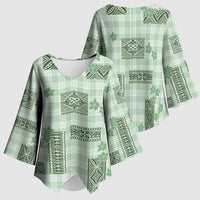 Hawaiian Quilt Tapa On Pastel Mint Palaka Motifs Kimono Sleeve Blouse