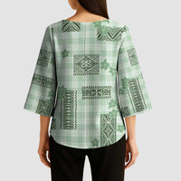 Hawaiian Quilt Tapa On Pastel Mint Palaka Motifs Kimono Sleeve Blouse