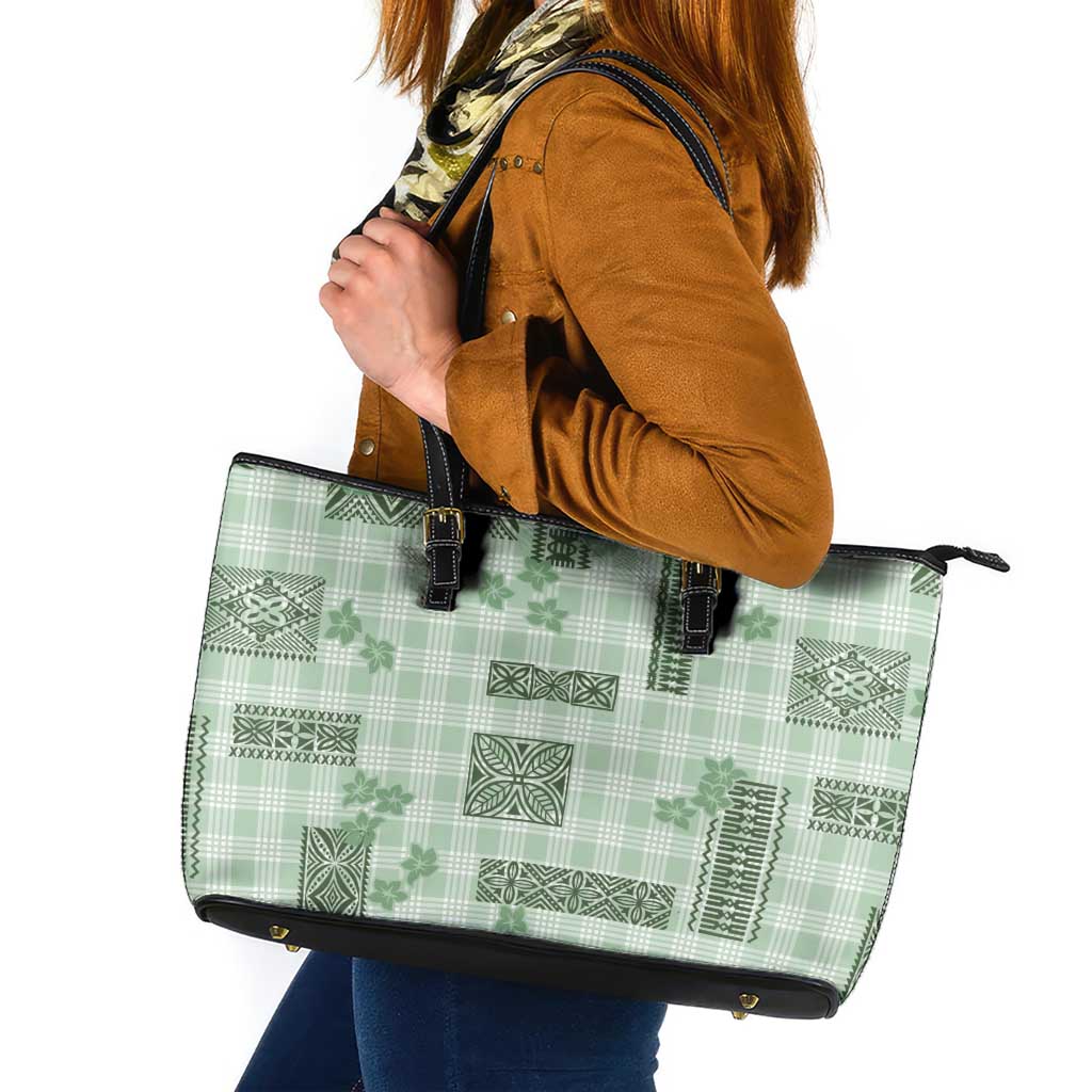 Hawaiian Quilt Tapa On Pastel Mint Palaka Motifs Leather Tote Bag