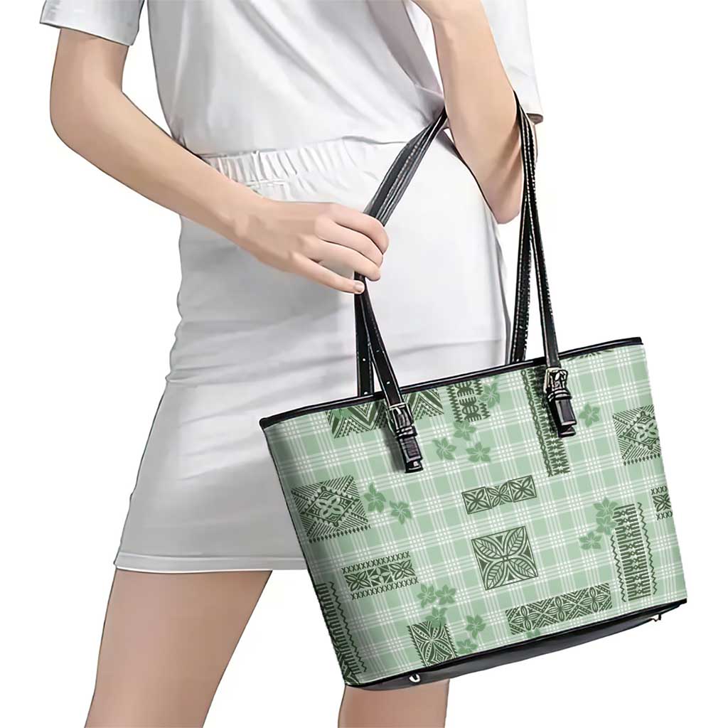 Hawaiian Quilt Tapa On Pastel Mint Palaka Motifs Leather Tote Bag