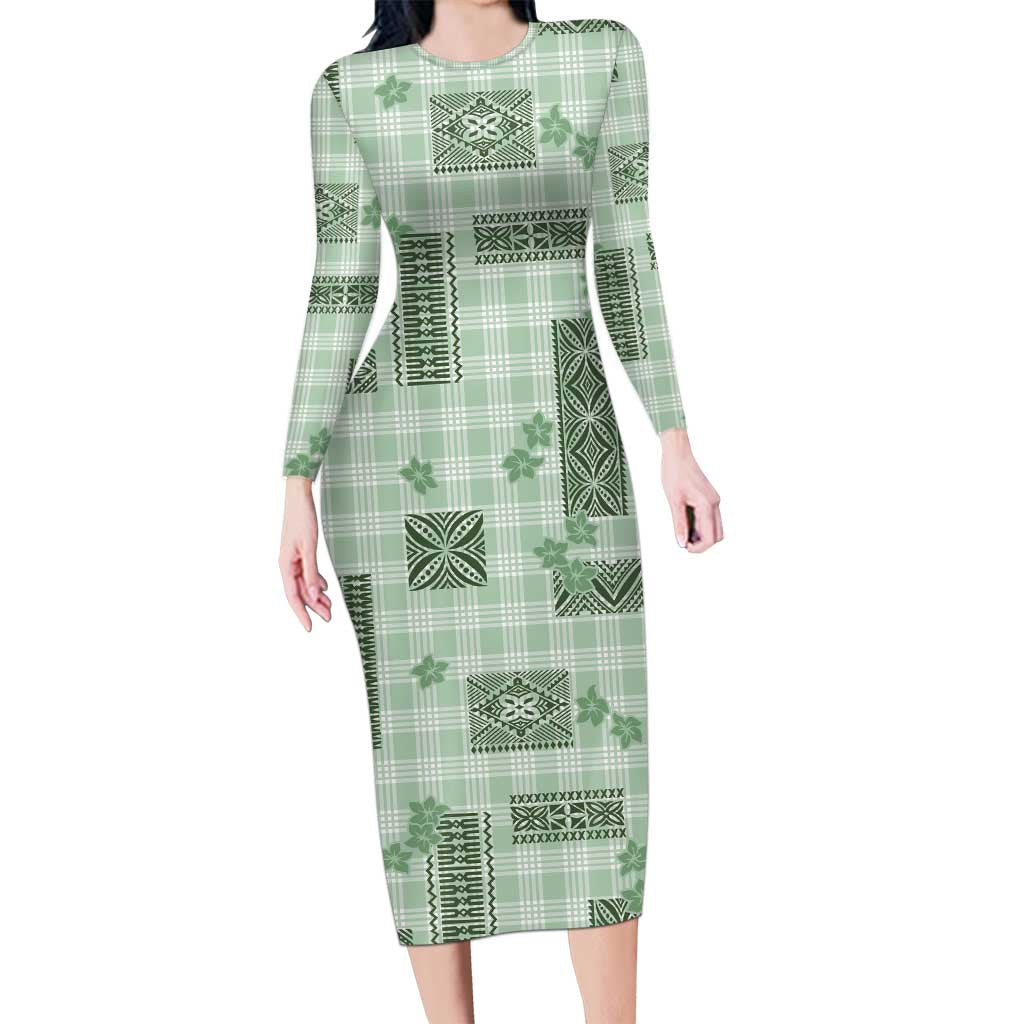 Hawaiian Quilt Tapa On Pastel Mint Palaka Motifs Long Sleeve Bodycon Dress LT7 Long Dress Mint - Polynesian Pride