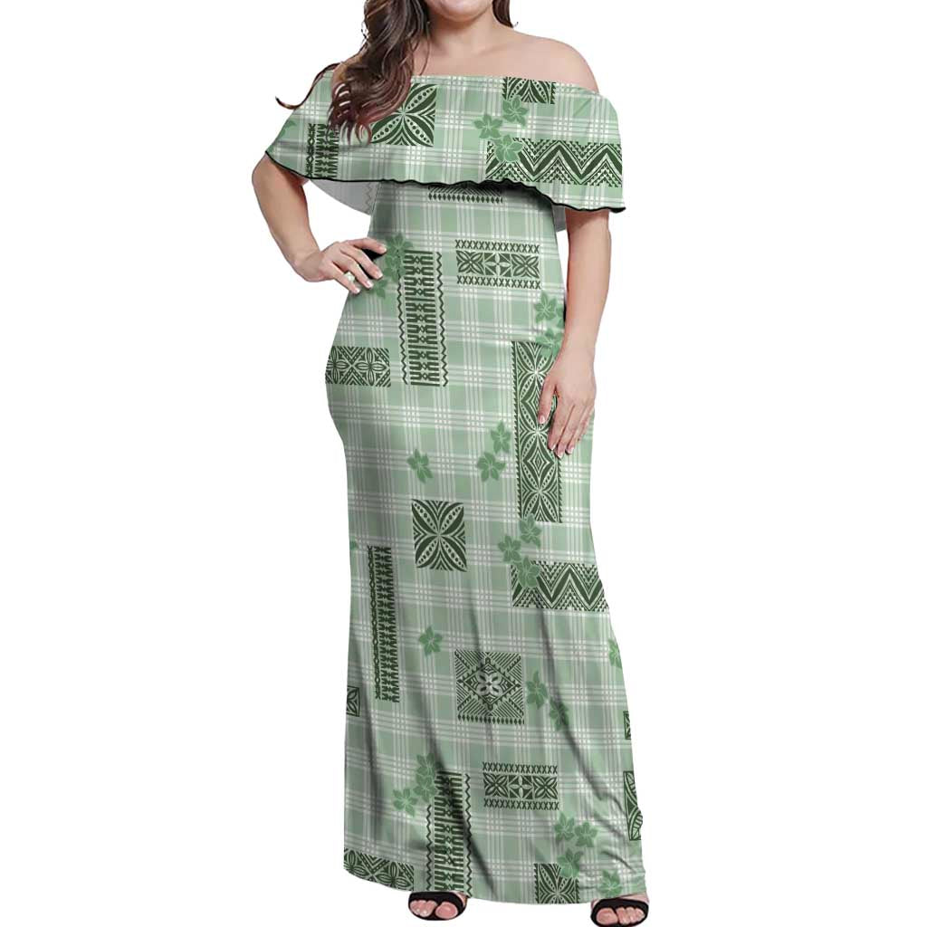 Hawaiian Quilt Tapa On Pastel Mint Palaka Motifs Off Shoulder Maxi Dress