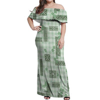 Hawaiian Quilt Tapa On Pastel Mint Palaka Motifs Off Shoulder Maxi Dress